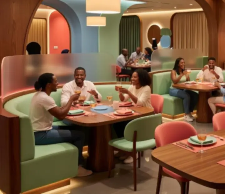 Guests sharing food and laughing together at Golden River Fold during a social dining evening