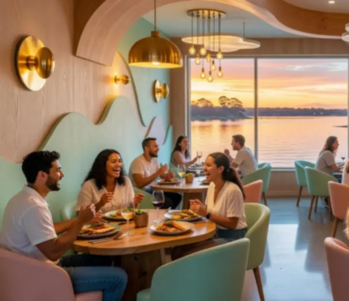 Golden River Fold's bright Australian restaurant interior with guests enjoying food and conversation