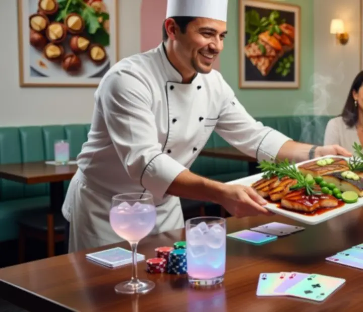 Chef serving cocktails and dishes during a poker evening