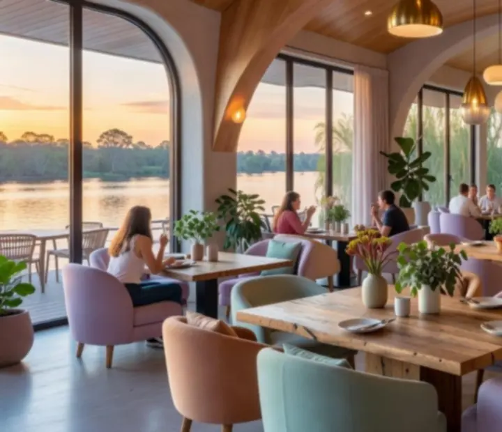 Bright contemporary Australian restaurant interior at Golden River Fold