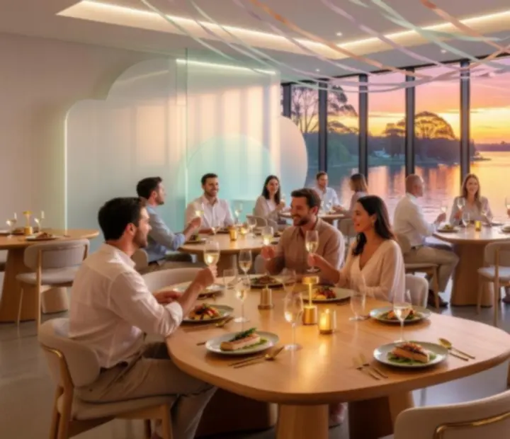 Guests gathered around a colourful table at Golden River Fold during a private celebration