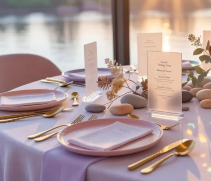 Vibrant event styling at Golden River Fold with pastel table settings and golden accents