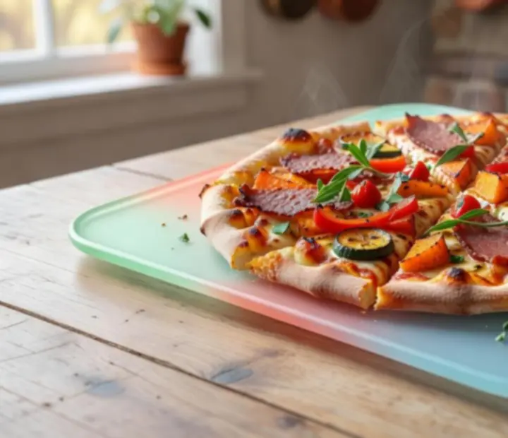 Handmade pizza with colourful toppings on a bright pastel background
