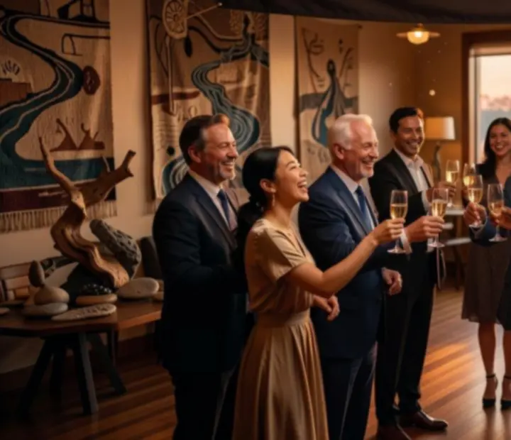 Happy guests raising glasses at an event at Golden River Fold