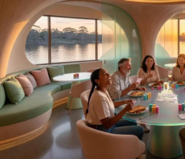 Friends enjoying riverside-inspired dining and playful poker at Golden River Fold