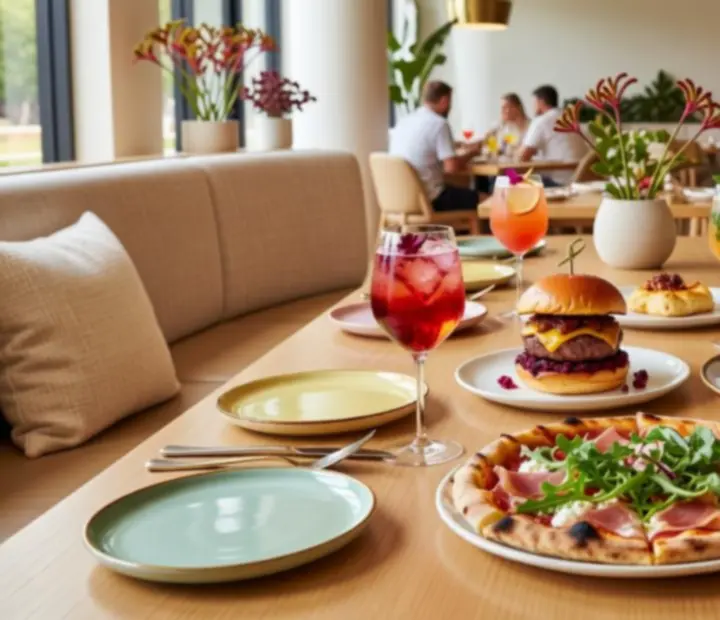 Golden River Fold menu spread with colourful Australian dishes on a bright pastel table