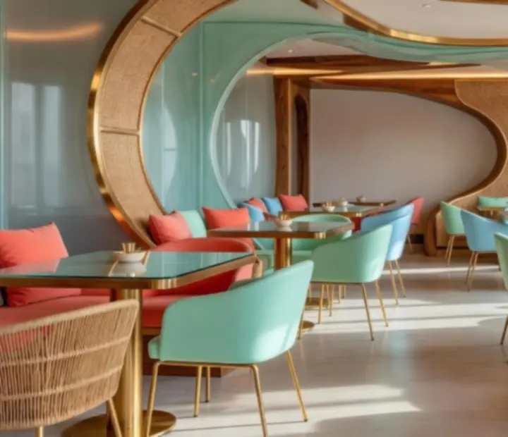 Modern Australian restaurant interior with pastel tones and golden sunset accents