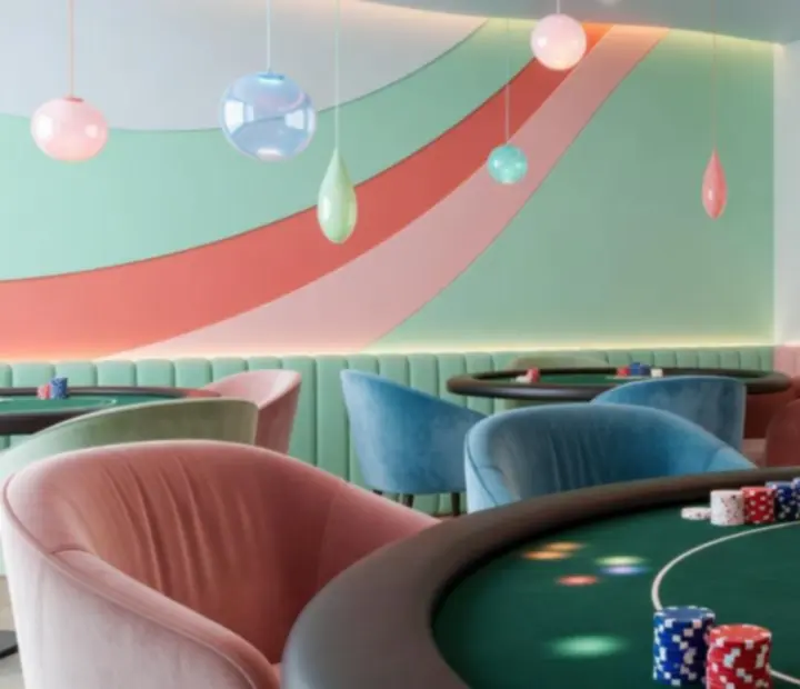 Colourful poker table inside a bright pastel Australian restaurant
