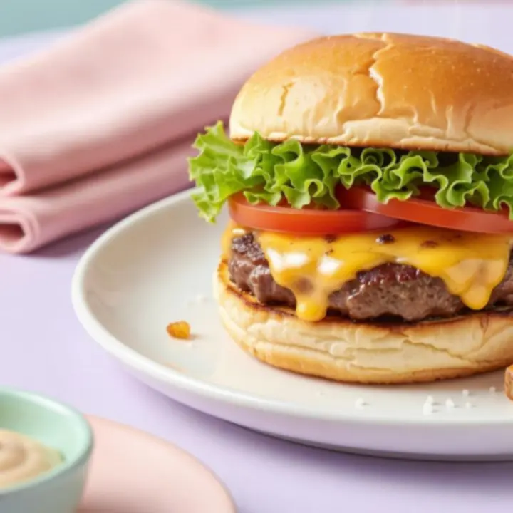 Signature gourmet burger with colourful garnishes on a pastel plate
