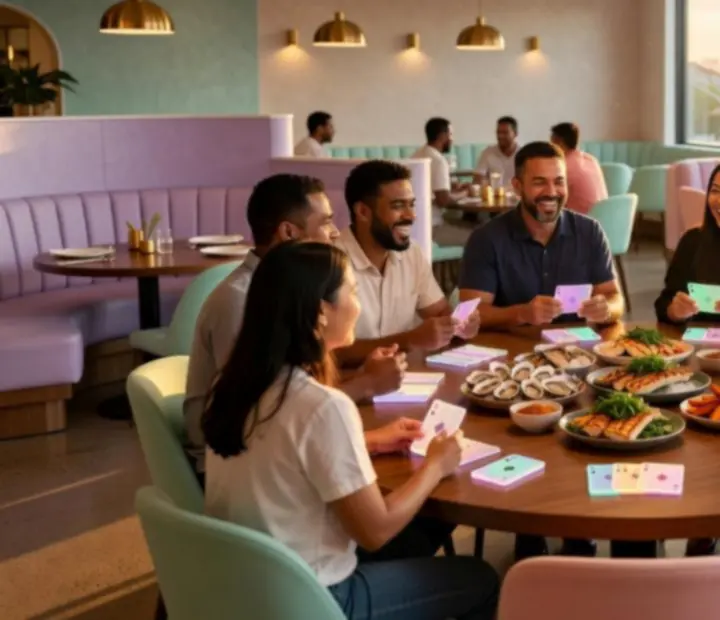 Friends enjoying an offline poker night at a colourful Australian restaurant
